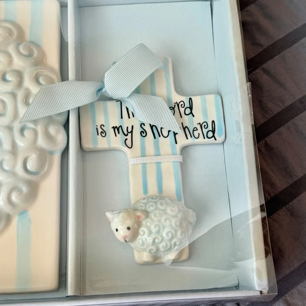 Mud Pie Blue Lamb Ceramic Picture Frame and Cross Set The Lord Is My Shepherd